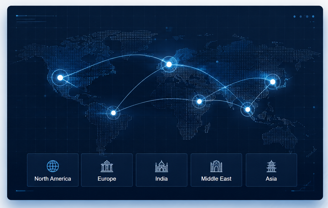 Global business connections across North America, Europe, India, the Middle East, and Asia